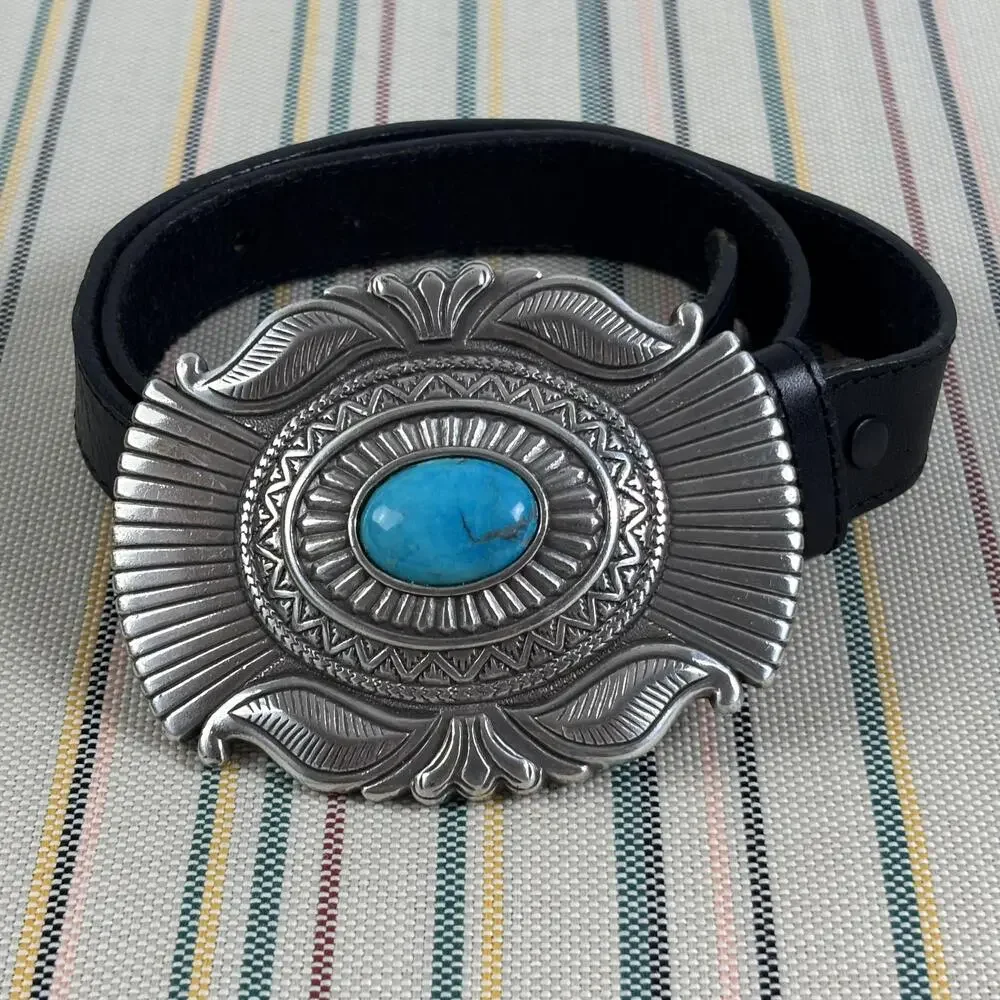 Justin Western Leather Belt Mens 26 Black Turquoise Oval Concho Silver Buckle